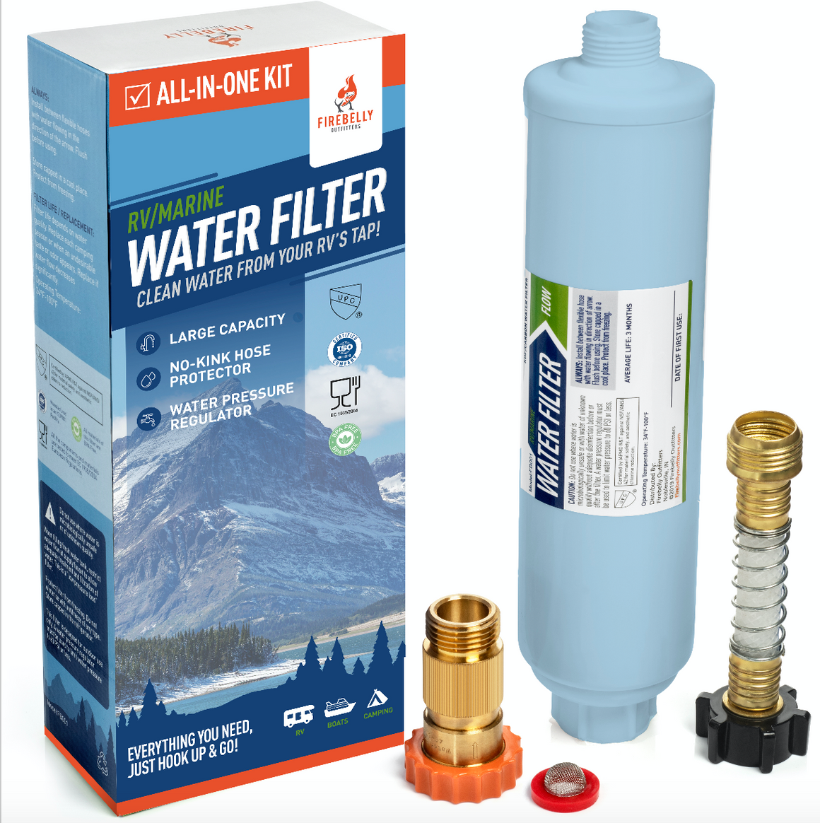 Firebelly Outfitters RV/Marine Inline Carbon Water Filter - Starter Kit w/Flexible Hose Protector, RV Water Pressure Regulator – Protects Against Bad Taste, Odor, Iron, Lead, Chlorine, Sediment, Mold